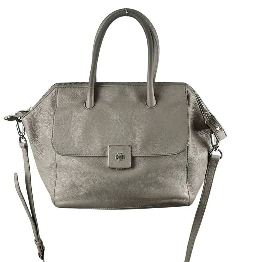 Tory Burch Clara Taupe Pebbled Leather Top-Handle Satchel with Silver Logo